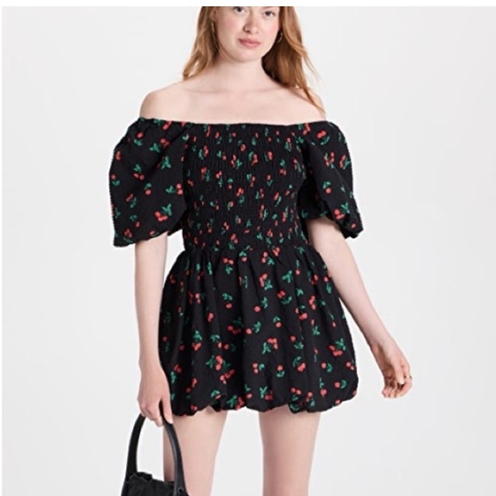 English Factory black Cherry Print puff sleeve smocked Mini Dress Large